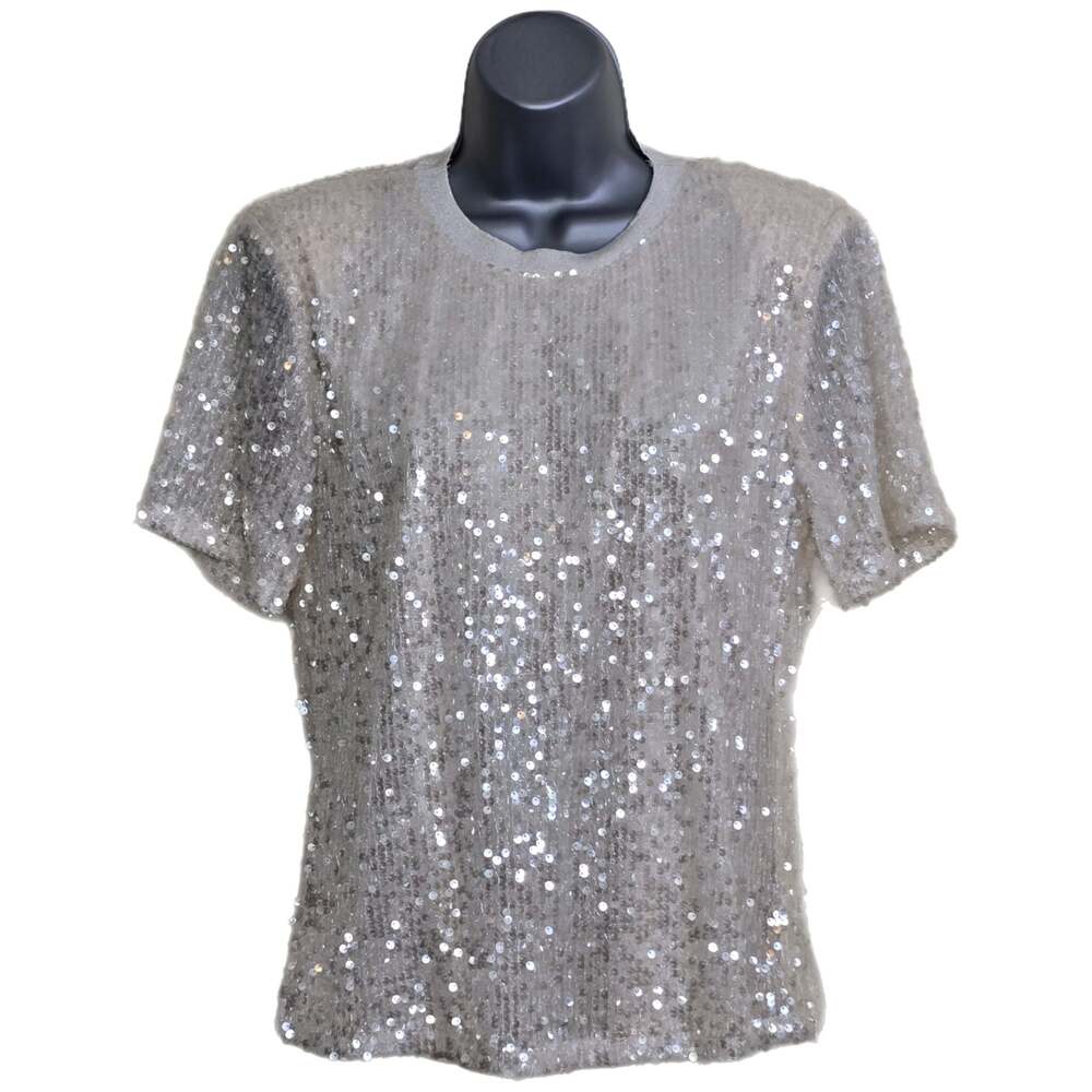 Grey Lab Silver Sequin Cream Short Sleeve Crewneck T-Shirt M